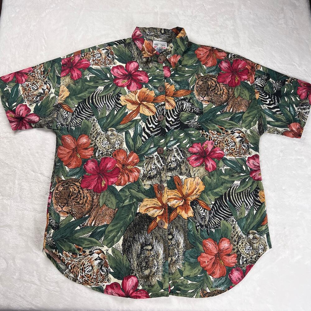 Denim Republic Vintage Safari Tropical Women's Blouse Shirt Size Large AOP Zebra